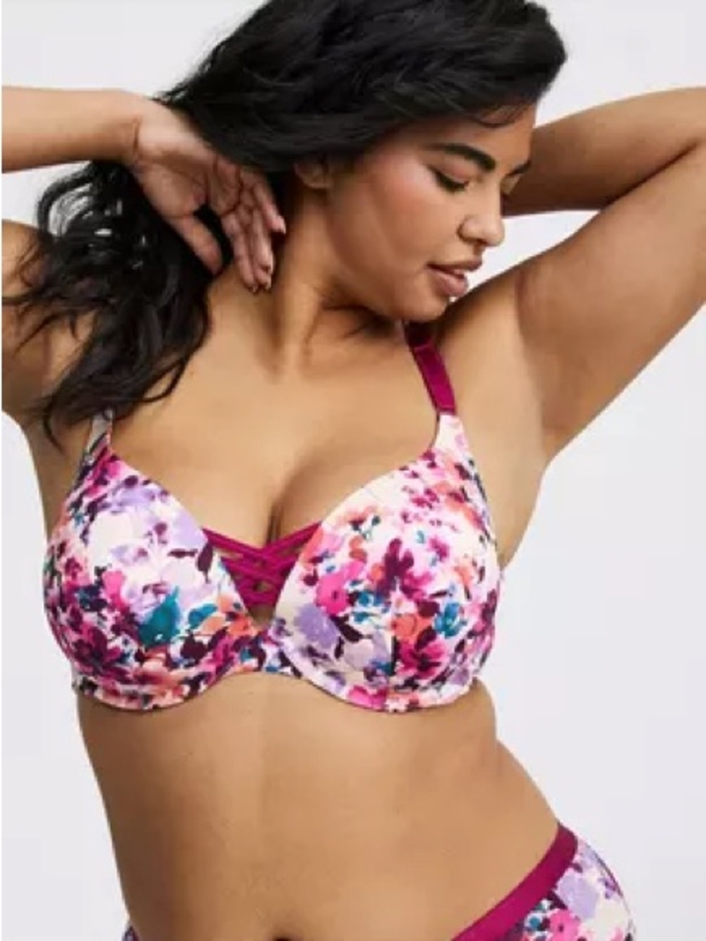 Floral Lace-Up XO Plunge Push Up Underwire Bra in Cream and Magenta - Picture 4 of 8